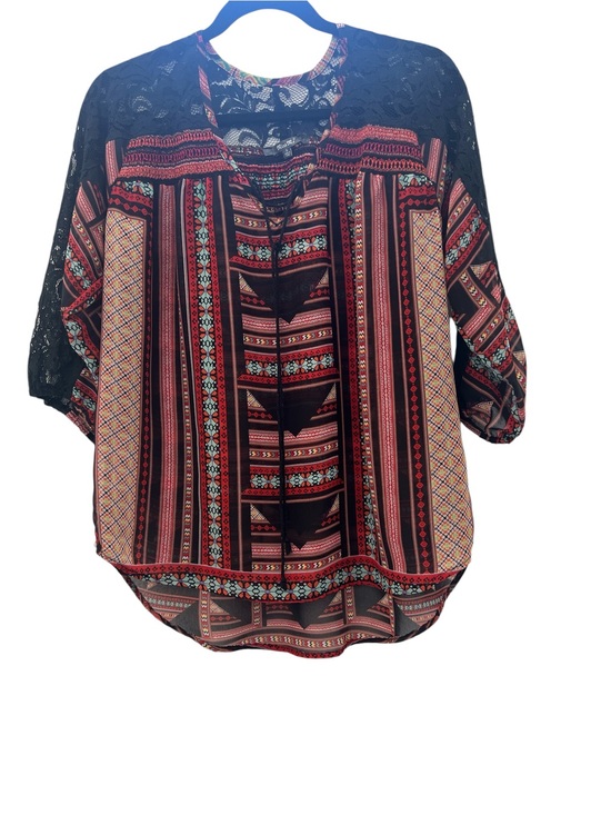 Miss Me Tops - Miss Me Boho Geometric Print Lace 3/4 Sleeve Blouse Size Small